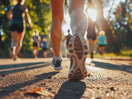 Close-up of a person’s running shoe on a sunlit path, with other runners in the background. Sunlight filters through trees.