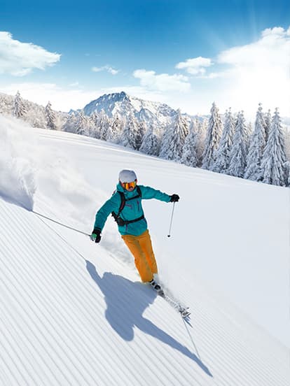 Person skiing down a slope with snow-covered trees and mountains behind