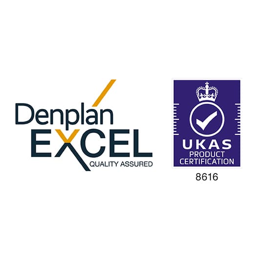 Denplan Excel logo with "Quality Assured" text alongside a UKAS Product Certification badge featuring a checkmark and crown symbol, numbered 8616.