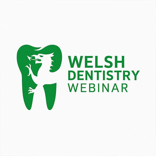 Green tooth logo with a dragon silhouette, accompanied by the text "Welsh Dentistry Webinar" on a white background.