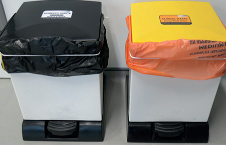 Colour-coded domestic and clinical waste bins