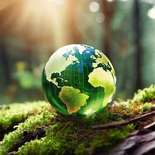 A green globe in a forest
